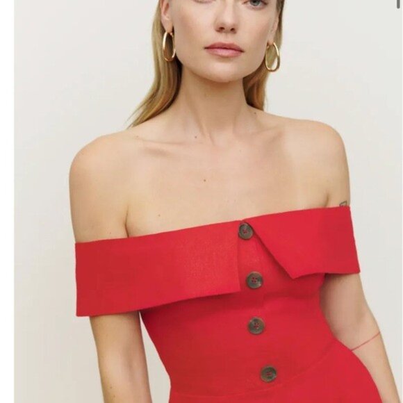 Reformation Red Adriel 100% Linen Midi Dress (0) - Picture 4 of 7